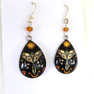 SOLD! Moth, moon and sun earrings in black and gold